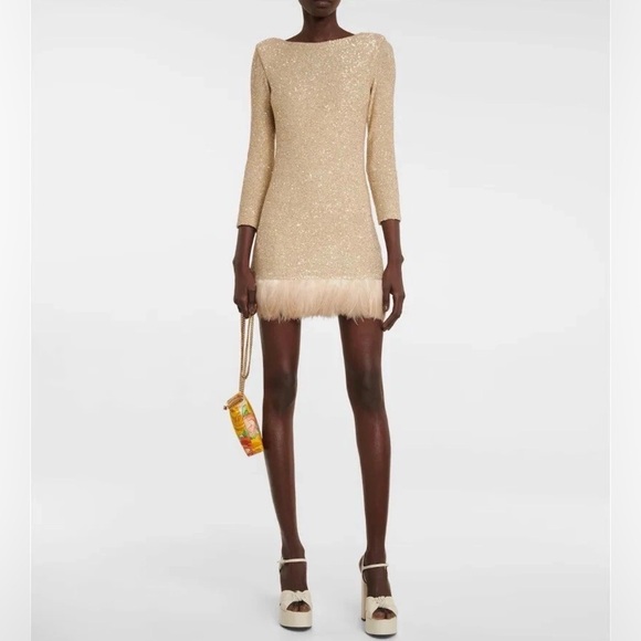 NWT Saint Laurent Gold Mini Dress with Feather Hem - www.ice4pros.com.br